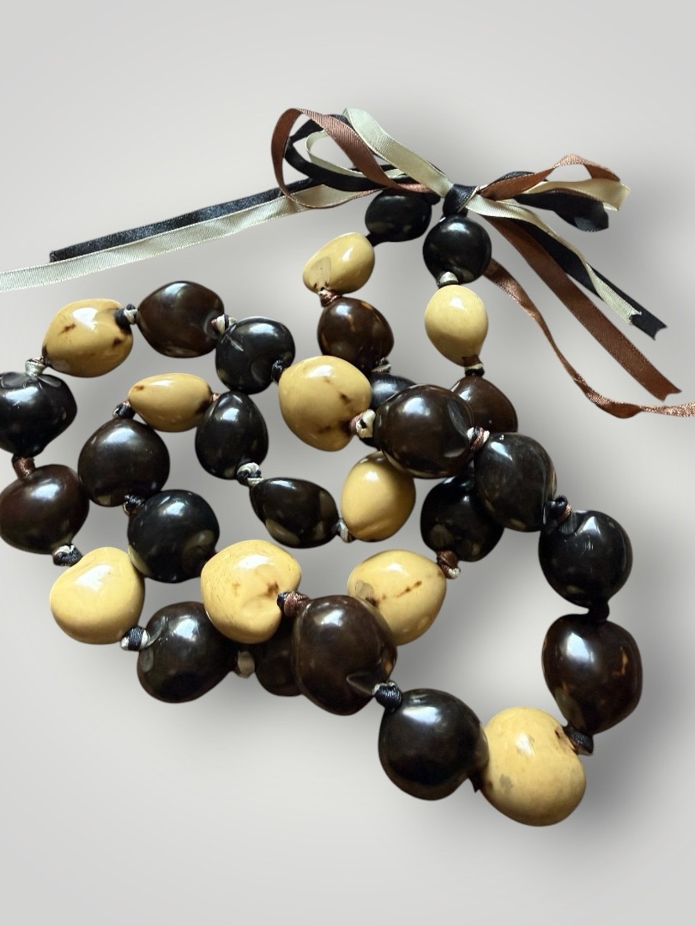 Vintage Kakui Nut Hawaiian Lei- Brown, Black & Cream Beaded Necklace